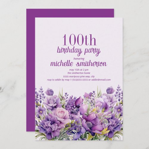 Elegant Purple Watercolor Floral 100th Birthday Invitation