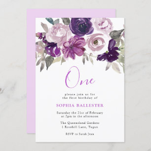 Elegant Purple Watercolor Floral 1st Birthday Invitation
