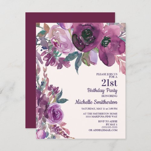Elegant Purple Watercolor Floral 21st Birthday Invitation