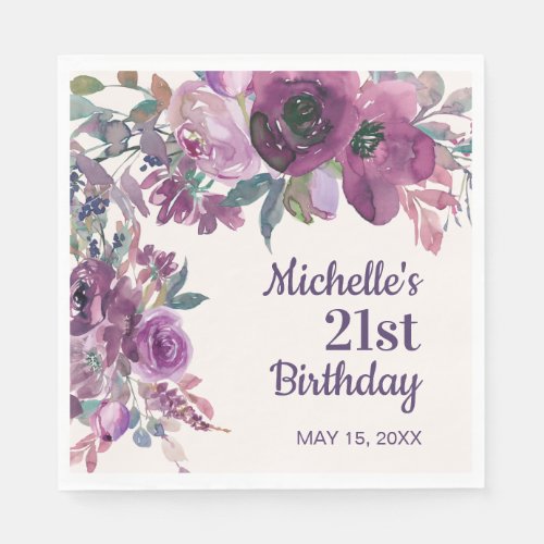 Elegant Purple Watercolor Floral 21st Birthday Napkins