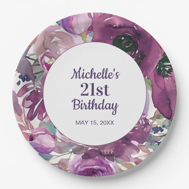 Elegant Purple Watercolor Floral 21st Birthday Paper Plates (Front)