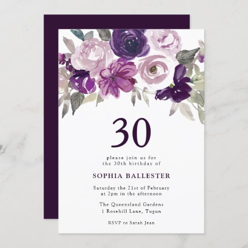 Elegant Purple Watercolor Floral 30th Birthday Invitation