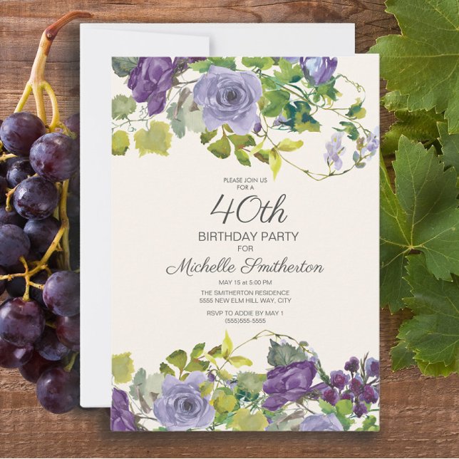 Elegant Purple Watercolor Floral 40th Birthday Invitation (Elegant purple watercolor floral 40th birthday party invitation for women)