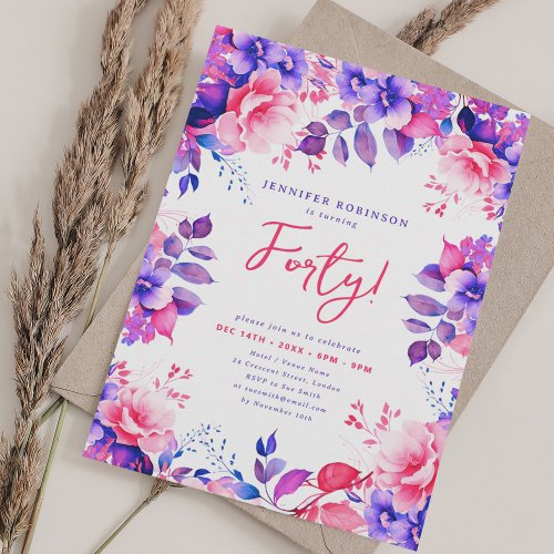 Elegant Purple Watercolor Floral 40th Birthday  Invitation