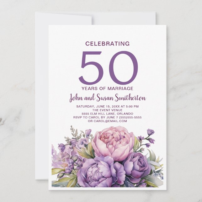 Elegant Purple Watercolor Floral 50th Anniversary Invitation (Front)