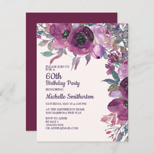 Elegant Purple Watercolor Floral 60TH Birthday Invitation