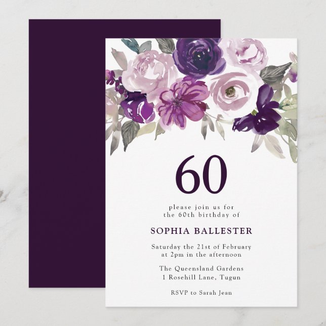 Elegant Purple Watercolor Floral 60th Birthday Invitation (Front/Back)