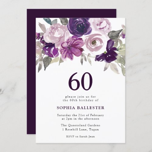 Elegant Purple Watercolor Floral 60th Birthday Invitation