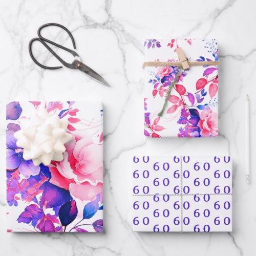 Elegant Purple Watercolor Floral 60th Birthday  Wrapping Paper Sheets