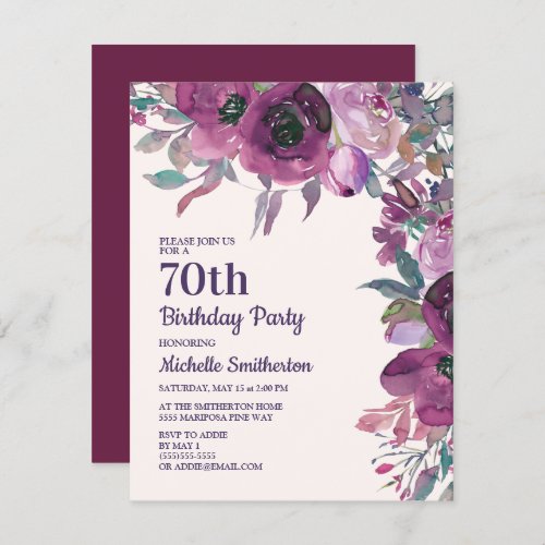 Elegant Purple Watercolor Floral 70th Birthday Invitation