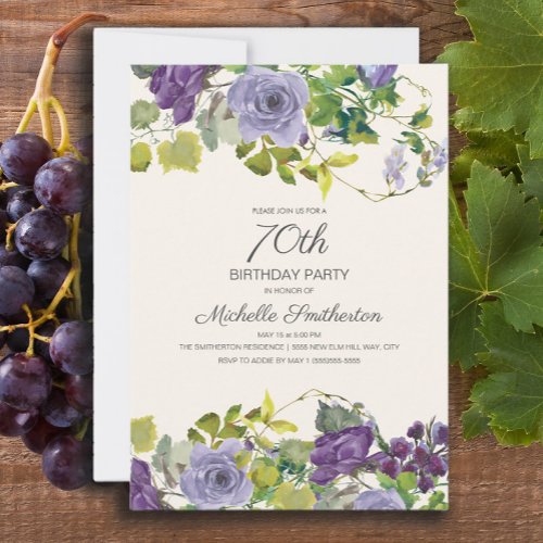 Elegant Purple Watercolor Floral 70th Birthday Invitation