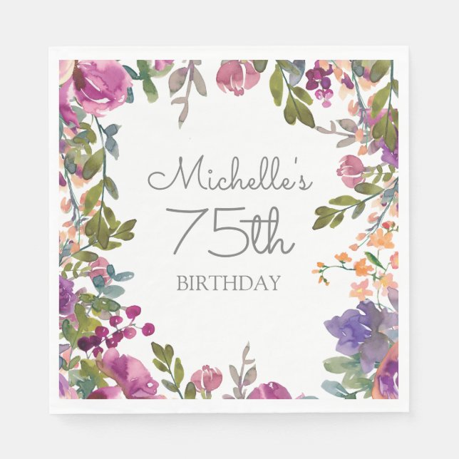 Elegant Purple Watercolor Floral 75th Birthday Inv Napkins (Front)