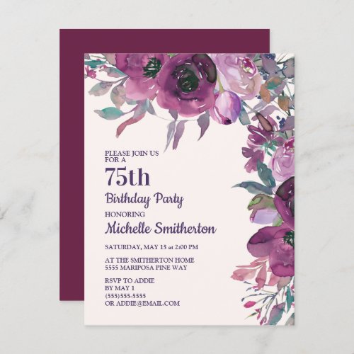 Elegant Purple Watercolor Floral 75th Birthday Invitation