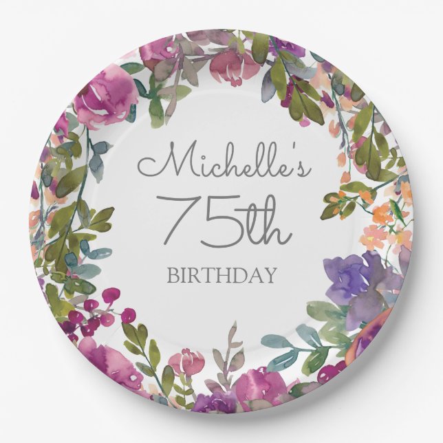 Elegant Purple Watercolor Floral 75th Birthday  Paper Plates (Front)