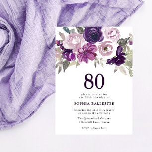 Elegant Purple Watercolor Floral 80th Birthday Invitation