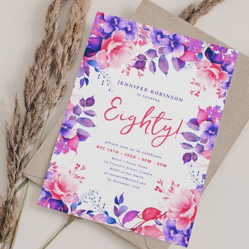 Elegant Purple Watercolor Floral 80th Birthday  Invitation