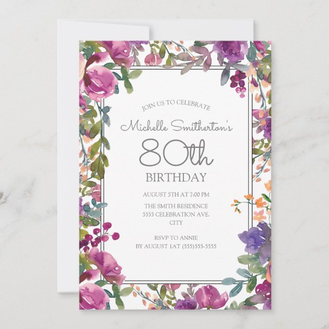 Elegant Purple Watercolor Floral 80th Birthday Invitation (Front)