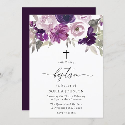 Elegant Purple Watercolor Floral Baptism Invitation