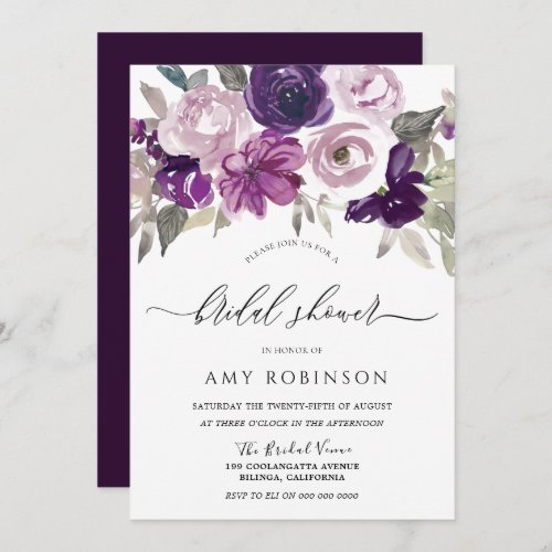 Elegant Purple Watercolor Floral Bridal Shower Invitation