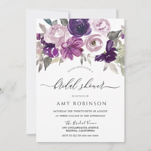 Elegant Purple Watercolor Floral Bridal Shower Invitation | Zazzle