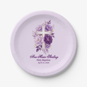 Elegant Purple Watercolor Floral Cross Christian Paper Plates