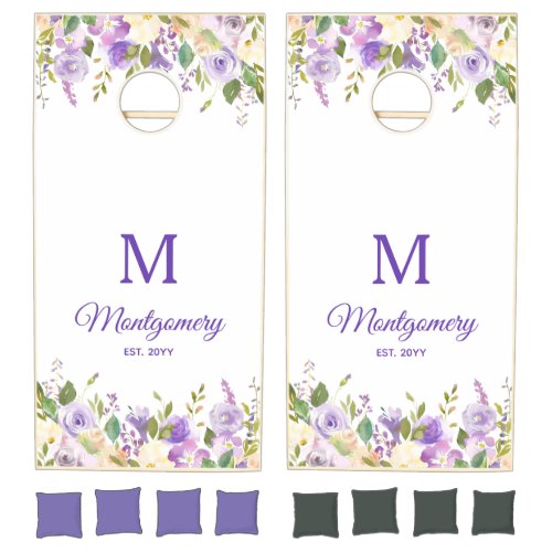 Elegant Purple Watercolor Floral Custom Cornhole Set