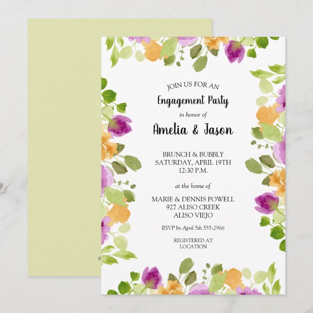 Elegant Purple Watercolor Floral Engagement Party Invitation (Front/Back)
