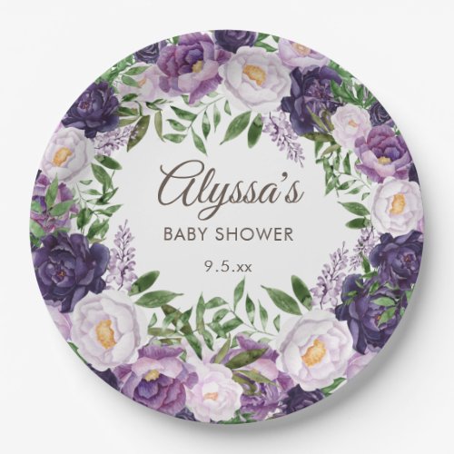 Elegant Purple Watercolor Floral Girl Baby Shower  Paper Plates