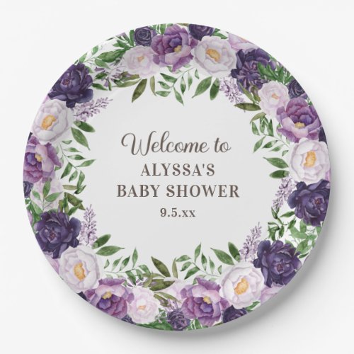 Elegant Purple Watercolor Floral Girl Baby Shower  Paper Plates