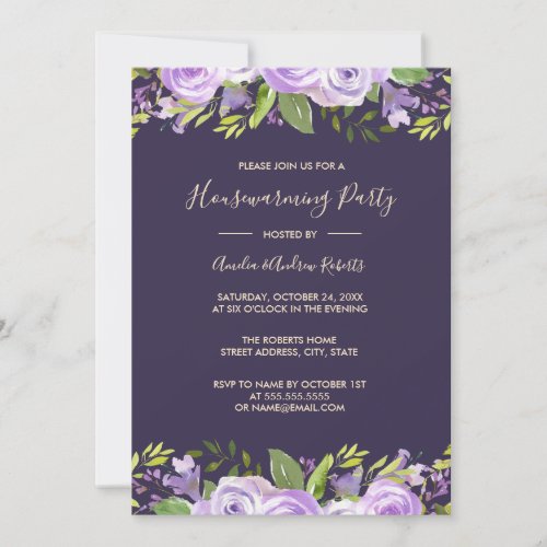 Elegant Purple Watercolor Floral Housewarming Invitation