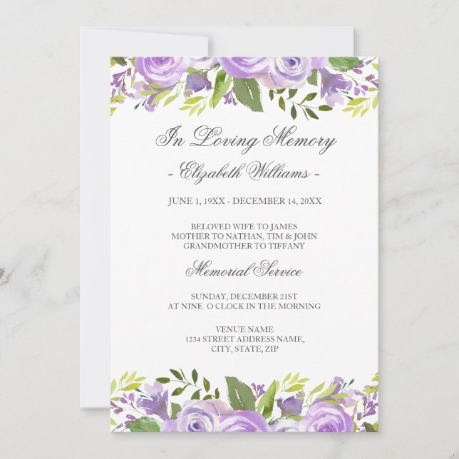 Elegant Purple Watercolor Floral Memorial Service Invitation (Front)