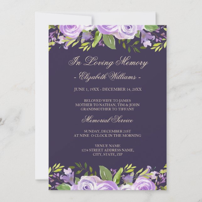 Elegant Purple Watercolor Floral Memorial Service Invitation (Front)