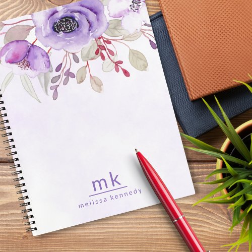 Elegant Purple Watercolor Floral Name Monogram   Notebook
