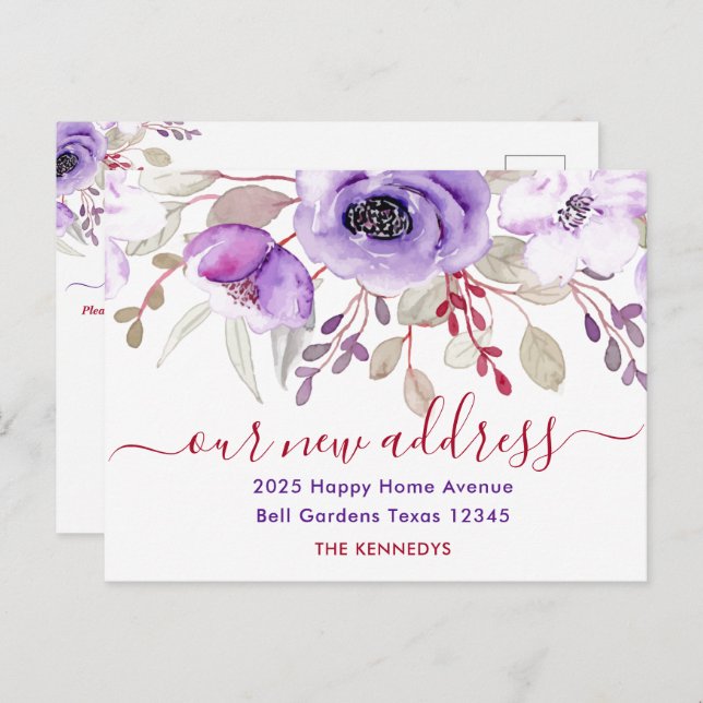 Elegant Purple Watercolor Floral New Address    Announcement Postcard (Front/Back)
