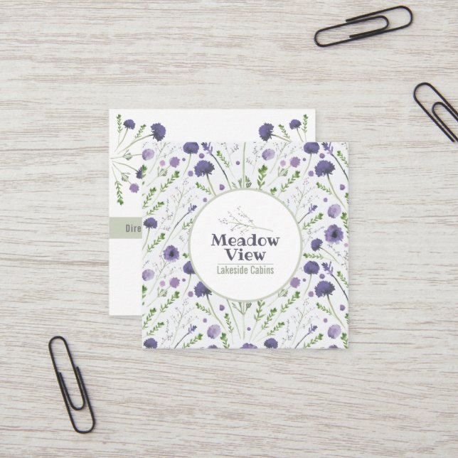 Elegant Purple Watercolor Floral Pattern Square Business Card (Front/Back In Situ)