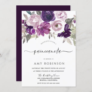 Elegant Purple Watercolor Floral Quinceanera Party Invitation