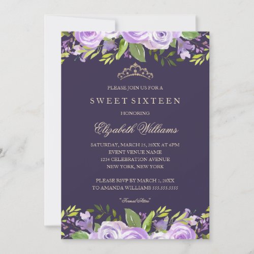 Elegant Purple Watercolor Floral Sweet Sixteen Invitation