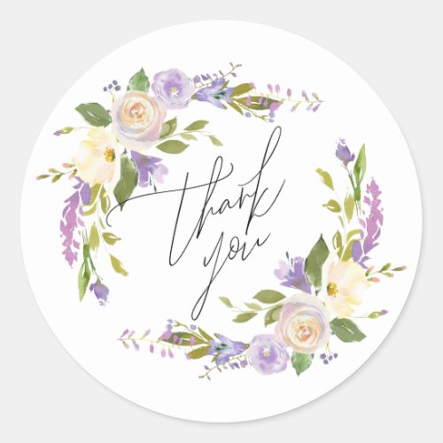 Elegant Purple Watercolor Floral Thank You Script Classic Round Sticker