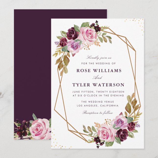 elegant purple watercolor floral wedding invitation (Front/Back)