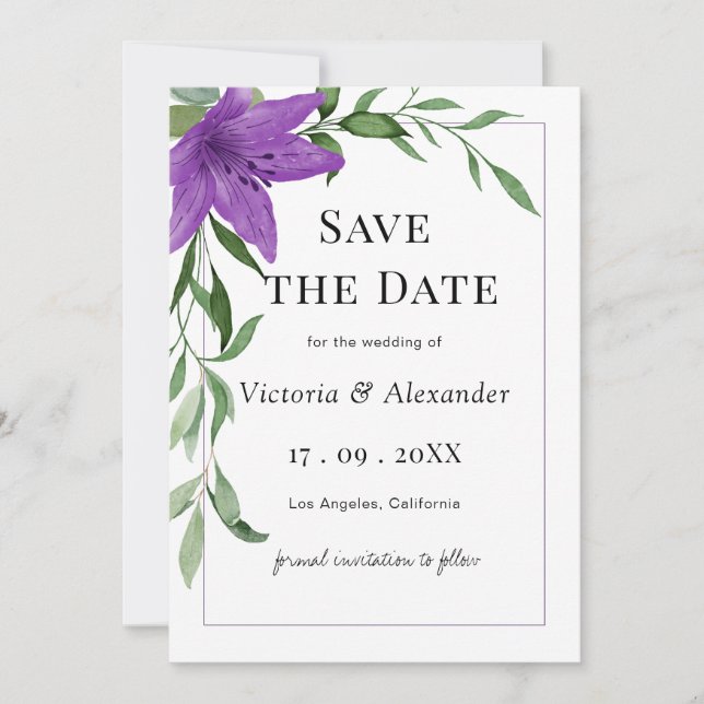 Elegant Purple Watercolor Floral Wedding Save The Date (Front)