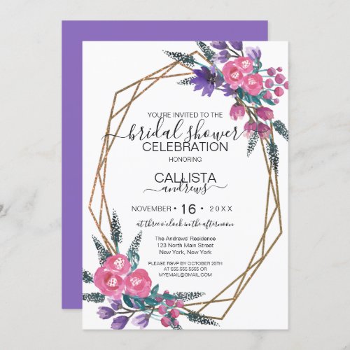 Elegant Purple Watercolor Flower Bridal Shower Invitation