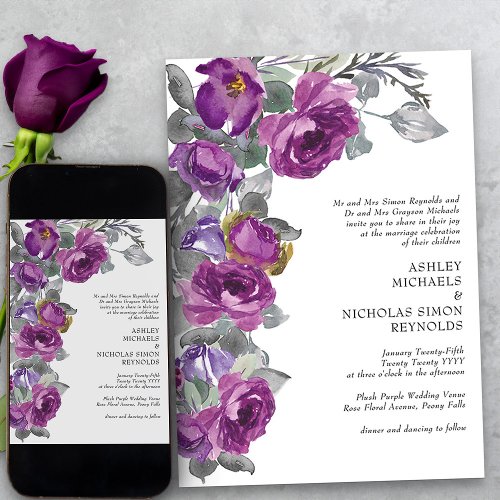 Elegant Purple Watercolor Flowers Formal Wedding Invitation