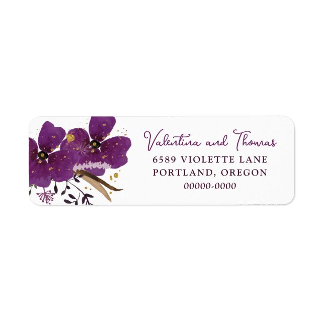 Elegant Purple Watercolor Flowers Label (Front)