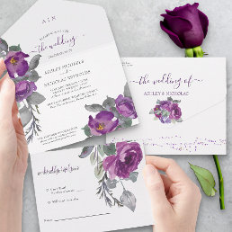 Elegant Purple Watercolor Flowers Wedding All In One Invitation