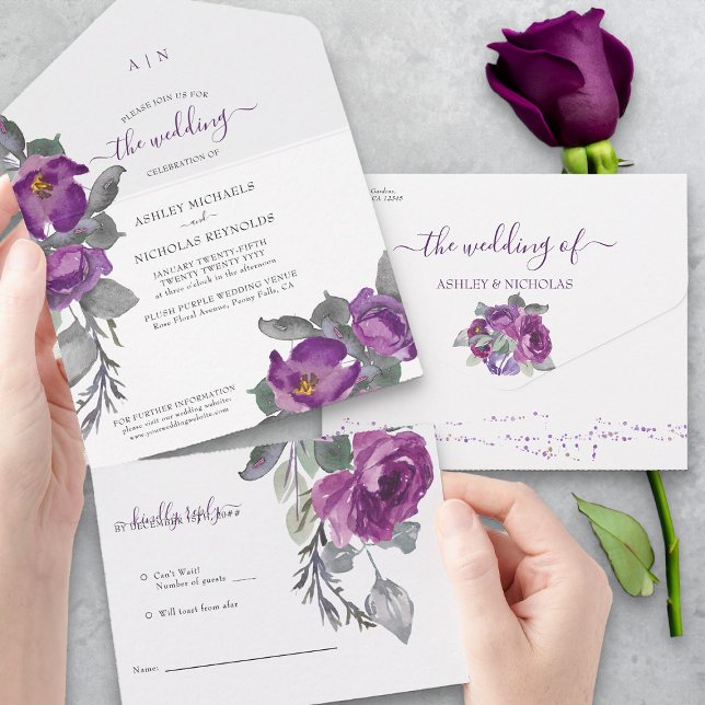 Elegant Purple Watercolor Flowers Wedding All In One Invitation (All in One Wedding Invitation with tear-off RSVP from my Plush Purple Wedding Collection)
