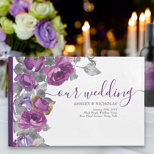Elegant Purple Watercolor Flowers Wedding Guest Book