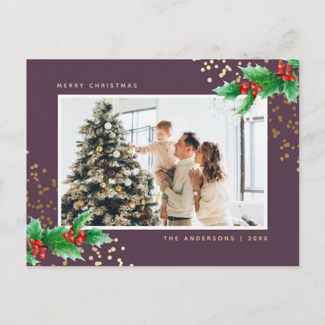 Elegant Purple Watercolor Holly Photo Christmas Holiday Postcard (Front)
