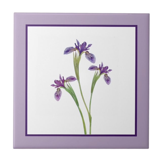 Elegant Purple Watercolor Iris Flowers Botanical Ceramic Tile (Front)