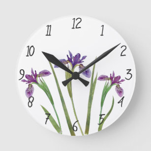 Elegant Purple Watercolor Iris Flowers Botanical Round Clock