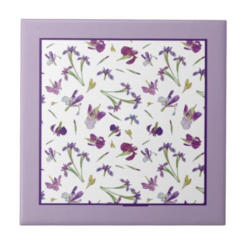 Elegant Purple Watercolor Iris Flowers Pattern Ceramic Tile